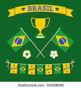 A set of flat design Brazil football icons and symbols in green, white and yellow.