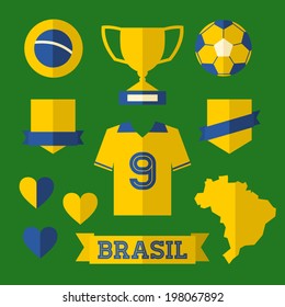 A set of flat design Brazil football icons in yellow and blue against a green background.