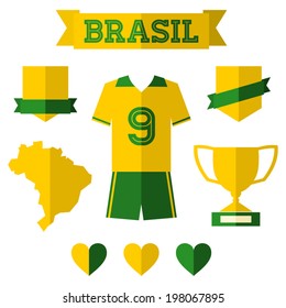 A set of flat design Brazil football icons and symbols in green and yellow, isolated on white.