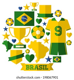 A set of flat design Brazil football icons and symbols in green and yellow, isolated on white.