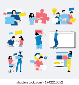 Set of flat design business concept illustrations. Collection of man and woman taking part in business and corporate activities, team work, presentation, dialog, discussion,  business meeting vector