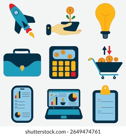 Set of flat design business and finance icons including rocket, calculator, laptop, shopping cart, lightbulb, and charts. Colorful vector graphics ideal for presentations, apps, and infographics.