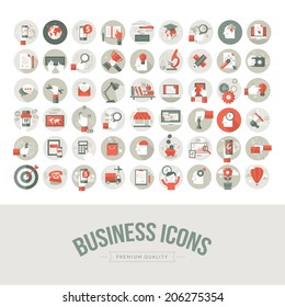 Conjunto de iconos de negocios de diseño plano. Iconos para negocios, marketing, educación, tecnología, seo, medios de comunicación, finanzas, compras en línea, comercio electrónico, ideas creativas, desarrollo web, medios sociales.