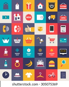 Conjunto de Iconos de Negocios y Compras de Diseño Plano. Ilustración vectorial