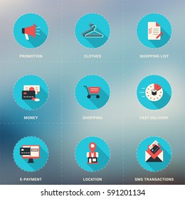 Set of Flat Design Business and Shopping Icons With Long Shadow. Promotion, Money, SMS Transactions, E-Payment, Shopping, Delivery