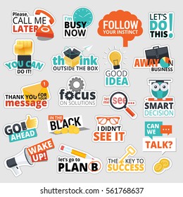 Set of flat design business stickers. Isolated vector illustrations for business communication, social network, social media, web design, business presentation, marketing material.