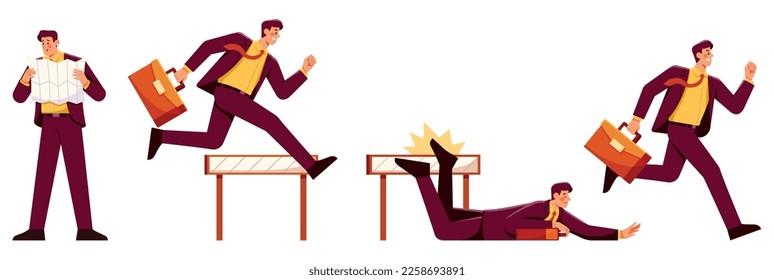 Set with flat design businessman character in running jumping falling and searching situations.