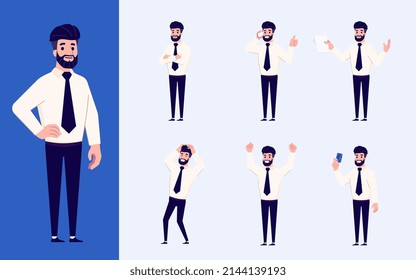 Set of Flat design businessman in many gesture isolated on white background. Business people in different pose in workplace. Character with separate body part for easy to animate in animation program.