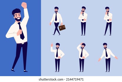 Set of Flat design businessman in many gesture isolated on white background. Business people in different pose in workplace. Character with separate body part for easy to animate in animation program.