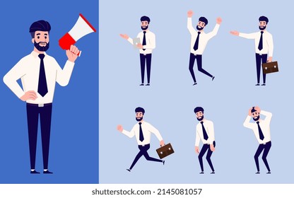 Set of Flat design businessman in many gesture isolated on white background. Business people in different pose in workplace. Character with separate body part for easy to animate in animation program.
