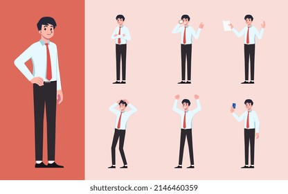 Set of Flat design businessman in many gesture isolated on white background. Business people in different pose in workplace. Character with separate body part for easy to animate in animation program.