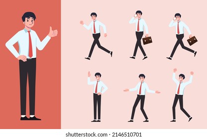 Set of Flat design businessman in many gesture isolated on white background. Business people in different pose in workplace. Character with separate body part for easy to animate in animation program.