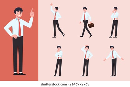 Conjunto de empresarios de diseño Flat en muchos gestos aislados en un fondo blanco. Empresarios de diferente posición en el lugar de trabajo. Carácter con parte de cuerpo separada para facilitar la animación en el programa de animación.