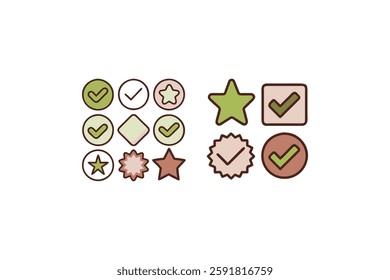 Set of Flat Design Checkmark and Star Icons in Earthy Tones