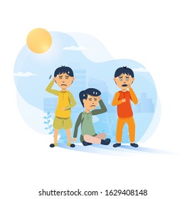 Set of flat design children are sick, Expression of a sick boys in set collection