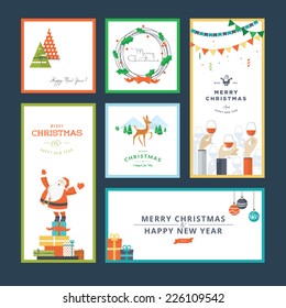 Set of flat design Christmas and New Year greeting card templates