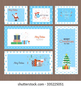 Set of flat design Christmas and New Year greeting cards. Vector Illustration