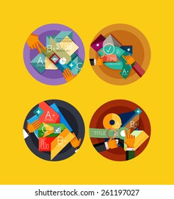 Set of flat design circle icons with geometric infographic diagrams, layouts