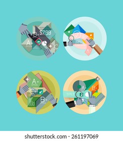 Set of flat design circle icons with geometric infographic diagrams, layouts