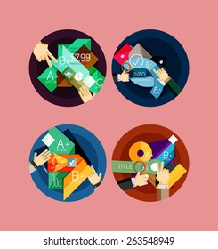 Set of flat design circle icons with geometric infographic diagrams, layouts