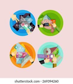 Set of flat design circle icons with geometric infographic diagrams, layouts