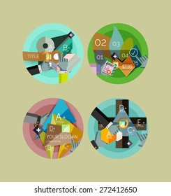 Set of flat design circle icons with geometric infographic diagrams, layouts
