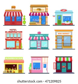 Set of flat design city public buildings. Restaurants and shops facade icons. Pizza, flowers, candy shop, bakery, fruits and vegetables, coffee house, hotel, spa salon,  burger restarant. Vector