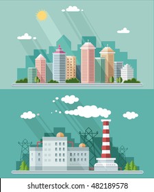 Set of flat design. Cityscape. The plant on the background of the city.