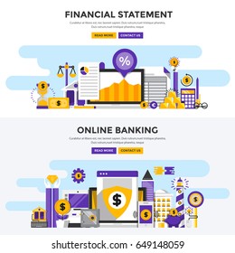 Set Of Flat Design Color Banners Concepts For Financial Statement And Online Banking. Concepts Web Banner And Printed Materials. Vector Illustration