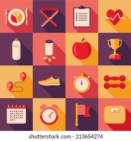 Set of flat design colored foursquare vector icons with long shadow effect for sport, dieting, weight loss, fitness, healthy lifestyle