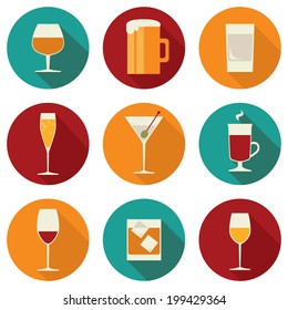 Set of flat design colored icons for alcohol drinks on rounds with long shadow effect isolated on white background