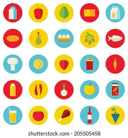 Set of flat design colored round vector icons of natural food and drink, agricultural products. For retail store, organic food production, farm business. Isolated on white background