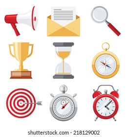 Set of flat design colorful detailed vector icons of objects: megaphone, letter, loupe, champion cup, hourglass, compass, target, stopwatch, alarm clock isolated on white background 