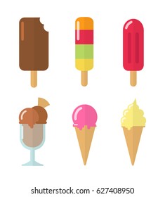 Set of flat design colorful ice cream and popsicle icons isolated on white background