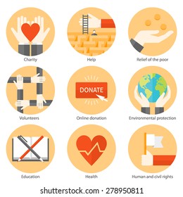 Set of flat design colorful round vector icons for charity, donation, helping people, supporting non profit projects for education, environmental protection, health, human rights isolated on white