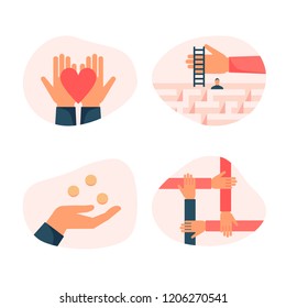 Set of flat design colorful vector icons for charity, donation, helping people, supporting non profit projects isolated on white