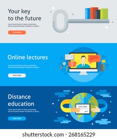 Conjunto de carteles de diseño plano de ilustraciones vectoriales coloridas para la educación como clave para el futuro, conferencias en línea, seminarios web, educación a distancia, programas de certificados. Aislado sobre fondo brillante