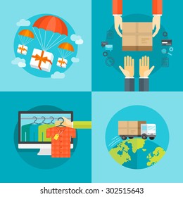 Set of flat design colorful vector illustration concepts for delivery service, e-commerce, online shopping, delivering gifts, receiving package from courier to customer isolated on bright background 