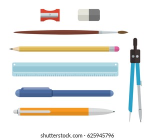 Set of flat design colorful vector stationery supplies isolated on white background