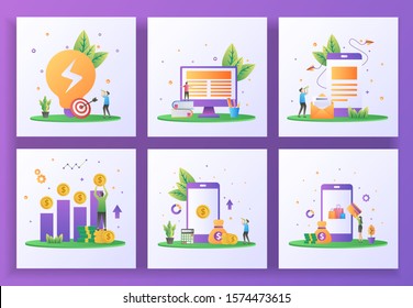 Set of flat design concept. Business solution, Online learning, Email marketing, Return On Investment, Online banking, Online payment. Suitable for web landing page, ui, template. Vector Illustration