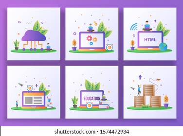 Set of flat design concept. Cloud computing, Maintenance, Web development, E-Learning, Online education, Logistic Distribution. Suitable for web landing page, ui, banner template. Vector Illustration