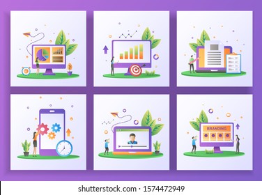 Set of flat design concept. Data management, Reporting sales, Content creator, Mobile app update, Online streaming, Branding. Suitable for web landing page, ui, banner template. Vector Illustration
