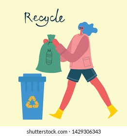 Set of flat design concept of ecology, think green, recycle and save the planet. Woman is engaged in recycling garbage. Vector illustration in the flat style.