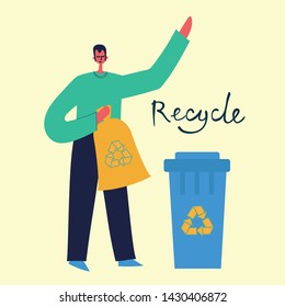 Set of flat design concept of ecology, think green, recycle and save the planet. Man is engaged in recycling garbage. Vector illustration in the flat style.