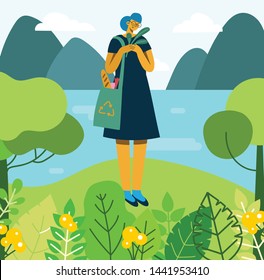 Set of flat design concept of ecology, think green, recycle and save the planet. Girl is engaged in recycling garbage.