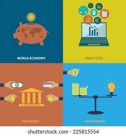 Set of flat design concept economic finance icons: world economy, payments, investment, analytics.