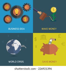 Set of flat design concept economic finance icons: save money, business idea, world crisis, make money.