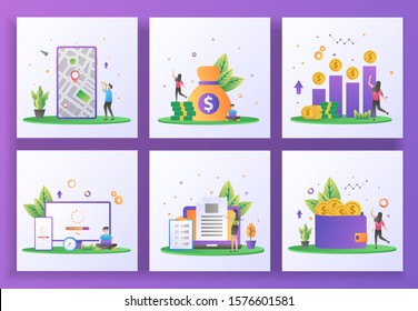 Set of flat design concept. GPS, Accounting, Return On Investment, Updating system, Content creator, Earn money. Can use for web landing page, ui, mobile app, banner template. Vector Illustration
