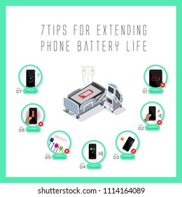 Set of flat design concept icons for extending phone battery life.