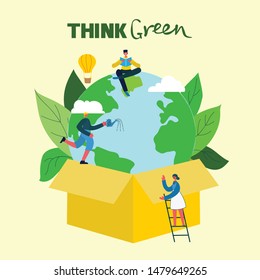 Set of flat design concept icons of ecology, think green, waste recycle and save the planet.People are engaged in recycling garbage